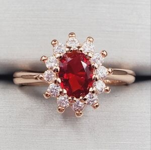 Red Oval Cut Ruby Simulant 18k Pink Rose Gold Tone Diamond Simulants Halo Ring